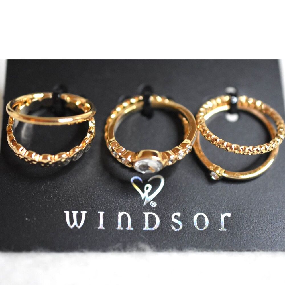 NIP Windsor Simply Glam Stackable 6pc Gold Tone Crystal Accents Size 7&8 Rings